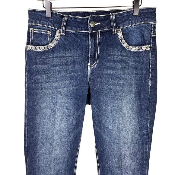 Wired Heart Embellished Embroidered Stitching Dark Wash Bootcut Denim Jeans - Picture 3 of 8